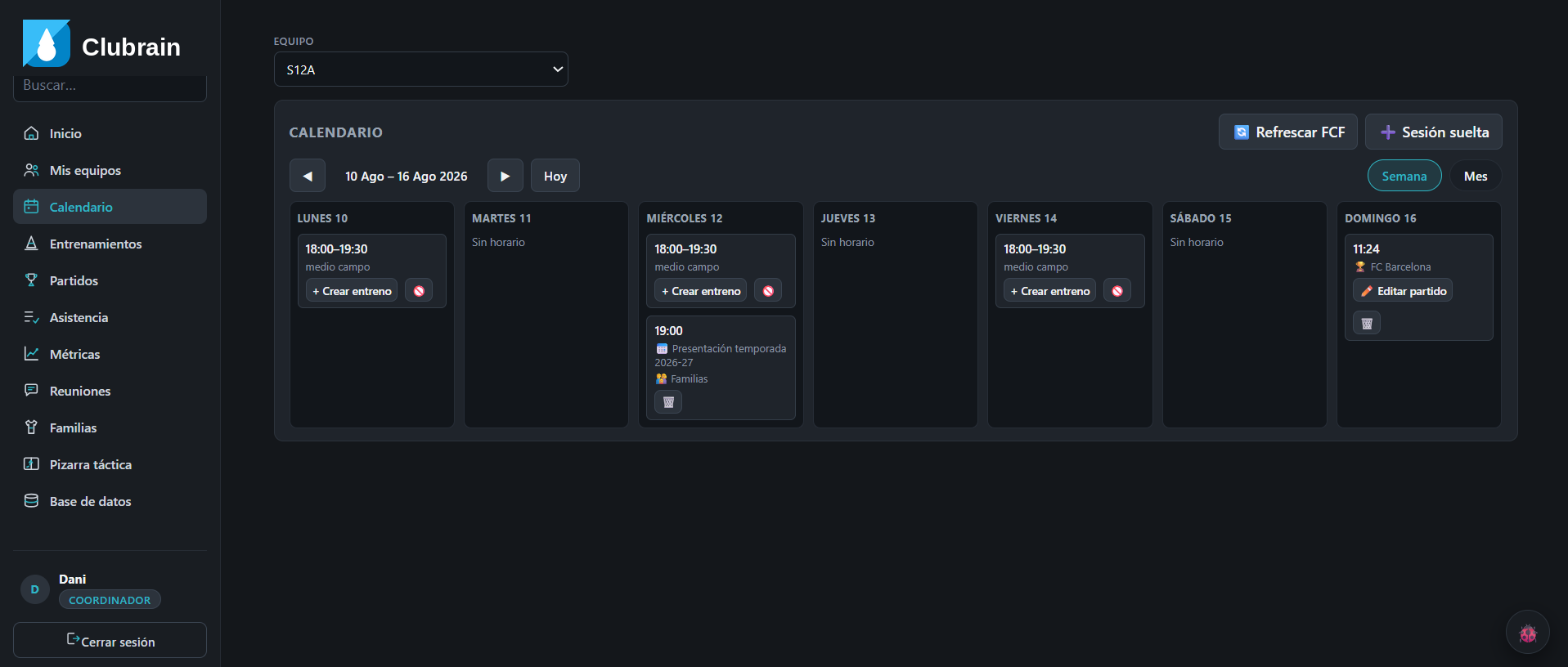 Calendario semanal real de CluBrain con entrenamientos y un partido programados